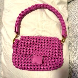 Pink Woven Handbag with Braided Handle